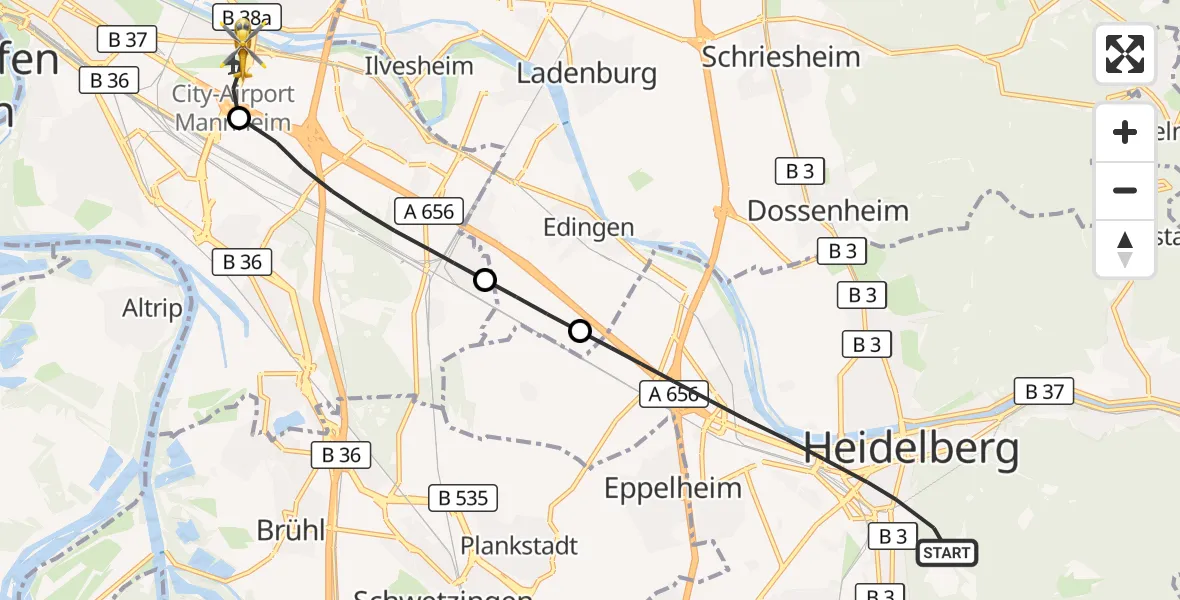 Flugroute Rettungshubschrauber Heidelberg - Mannheim-City Flughafen, 29 März 2026, 15:33