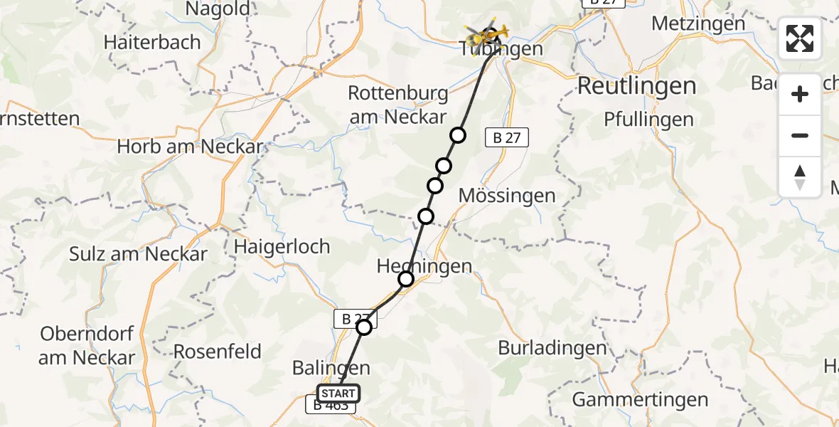Routekaart van de vlucht: Rettungshubschrauber nach Tübingen University Hospital
