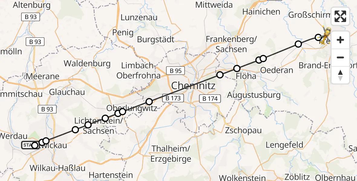 Flugroute Rettungshubschrauber ADAC Air Rescue Station Zwickau Hubschrauberlandeplatz - Freiberg, 29 März 2026, 15:45