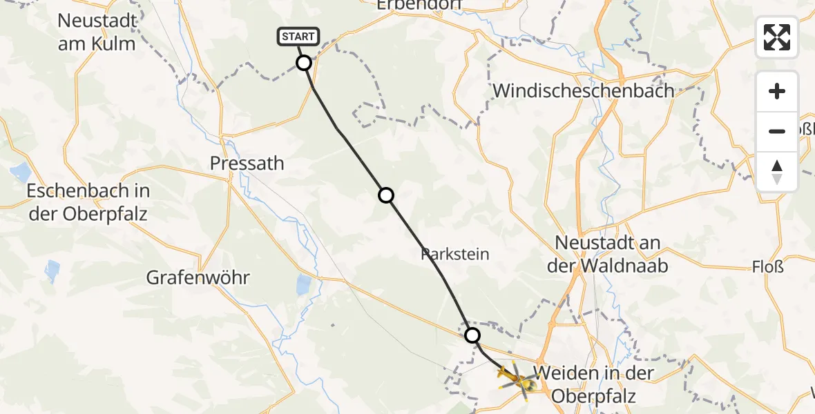Routekaart van de vlucht: Rettungshubschrauber nach Weiden in der Oberpfalz Flugplatz