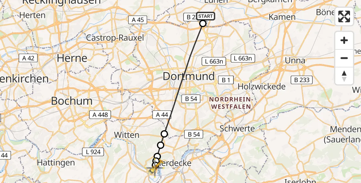 Flugroute Rettungshubschrauber Lünen - Wetter (Ruhr), 29 März 2026, 16:07