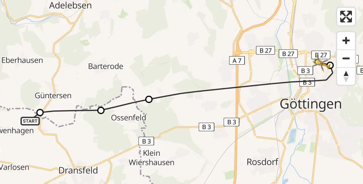 Routekaart van de vlucht: Rettungshubschrauber nach Göttingen University Clinic Hubschrauberlandeplatz