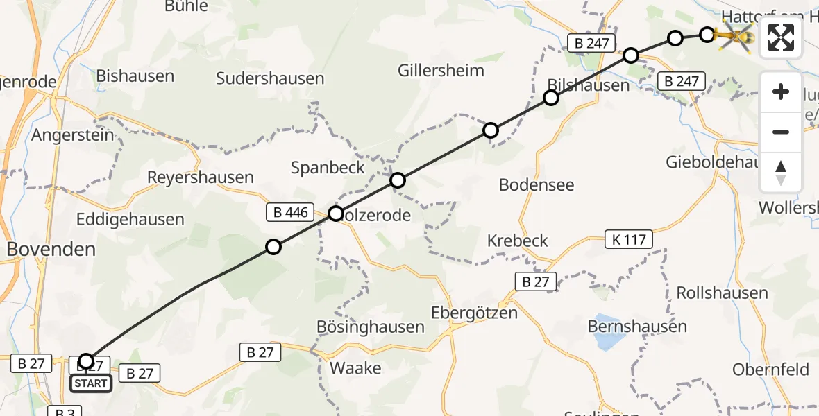 Flugroute Rettungshubschrauber Göttingen University Clinic Hubschrauberlandeplatz - Hattorf am Harz, 29 März 2026, 16:17