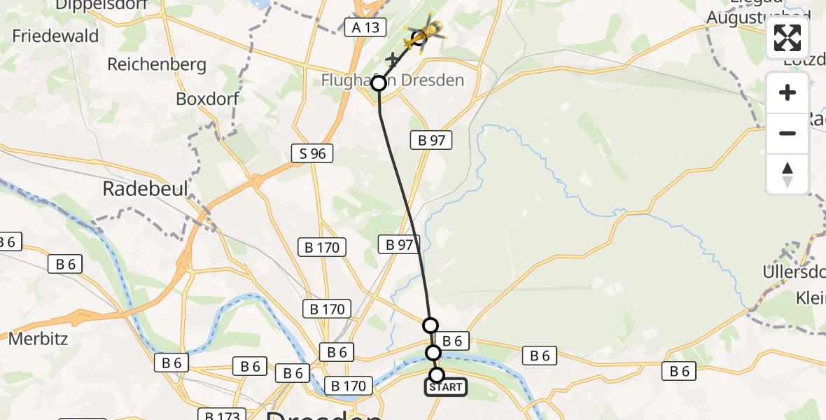 Flugroute Rettungshubschrauber Dresden University Hospital - Dresden Bundespolizei Hubschrauberlandeplatz, 29 März 2026, 16:24