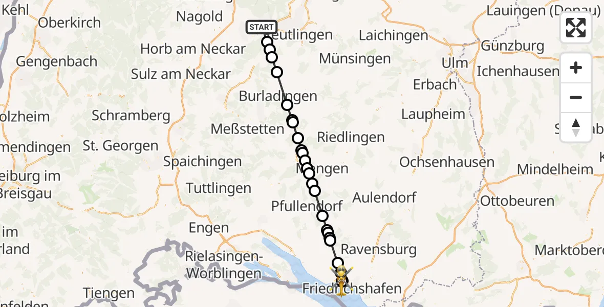 Routekaart van de vlucht: Rettungshubschrauber nach Friedrichshafen Hospital