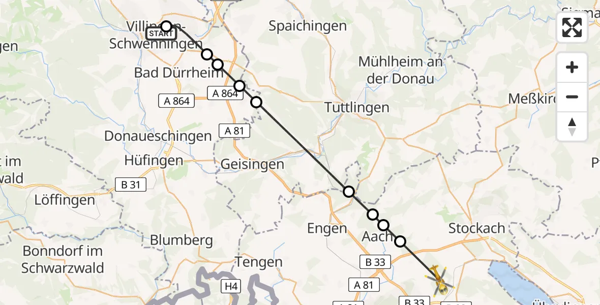 Routekaart van de vlucht: Rettungshubschrauber nach Radolfzell am Bodensee