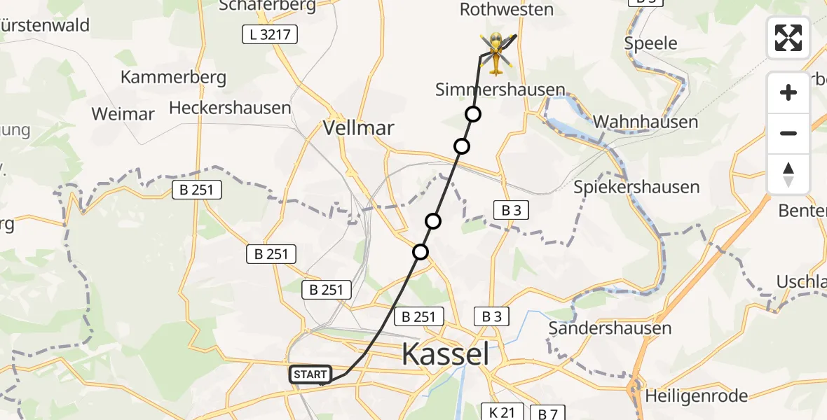 Flugroute Rettungshubschrauber Kassel - Fuldatal, 29 März 2026, 16:54