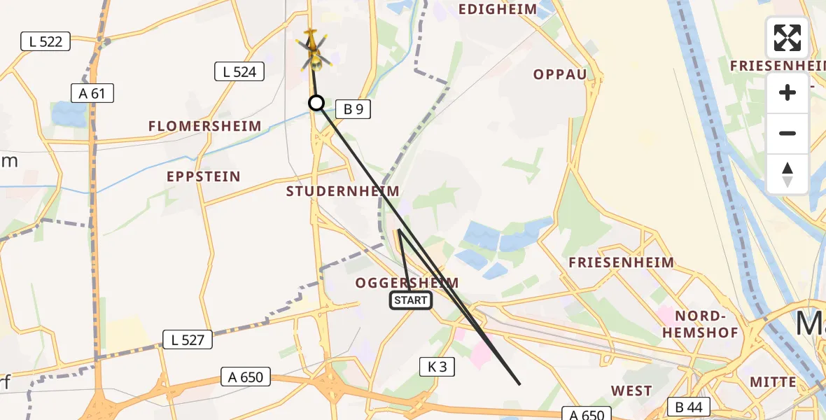 Flugroute Rettungshubschrauber Ludwigshafen am Rhein - Frankenthal (Pfalz), 29 März 2026, 16:55
