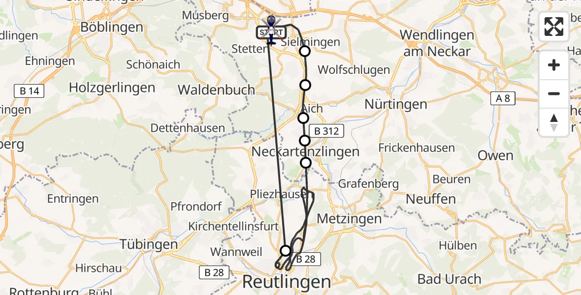 Flugroute Polizeihubschrauber Flughafen Stuttgart - Flughafen Stuttgart, 29 März 2026, 17:00