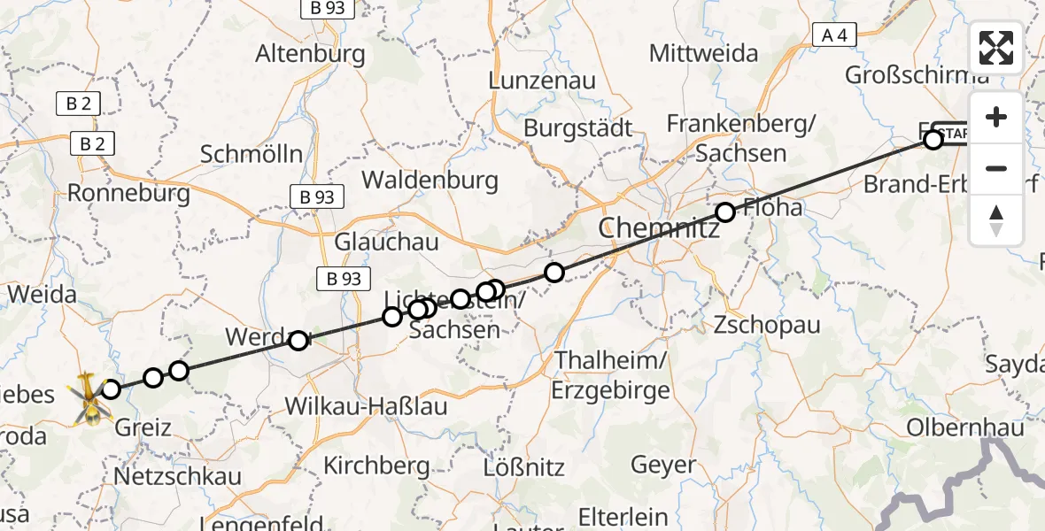 Flugroute Rettungshubschrauber Freiberg - Langenwetzendorf, 29 März 2026, 17:03