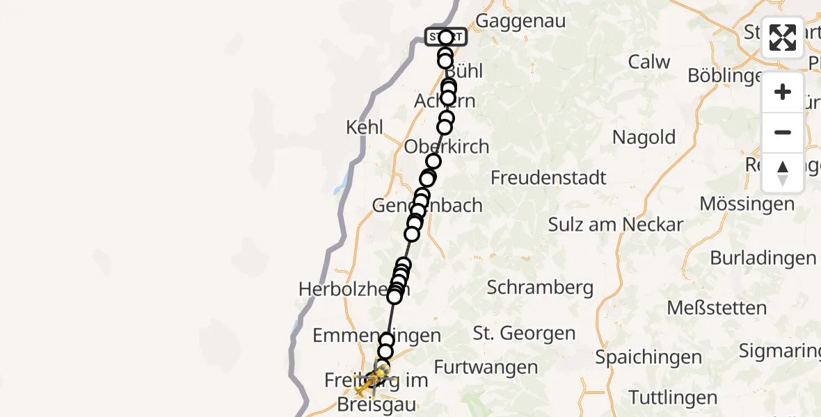 Routekaart van de vlucht: Rettungshubschrauber nach Freiburg im Breisgau Flugplatz