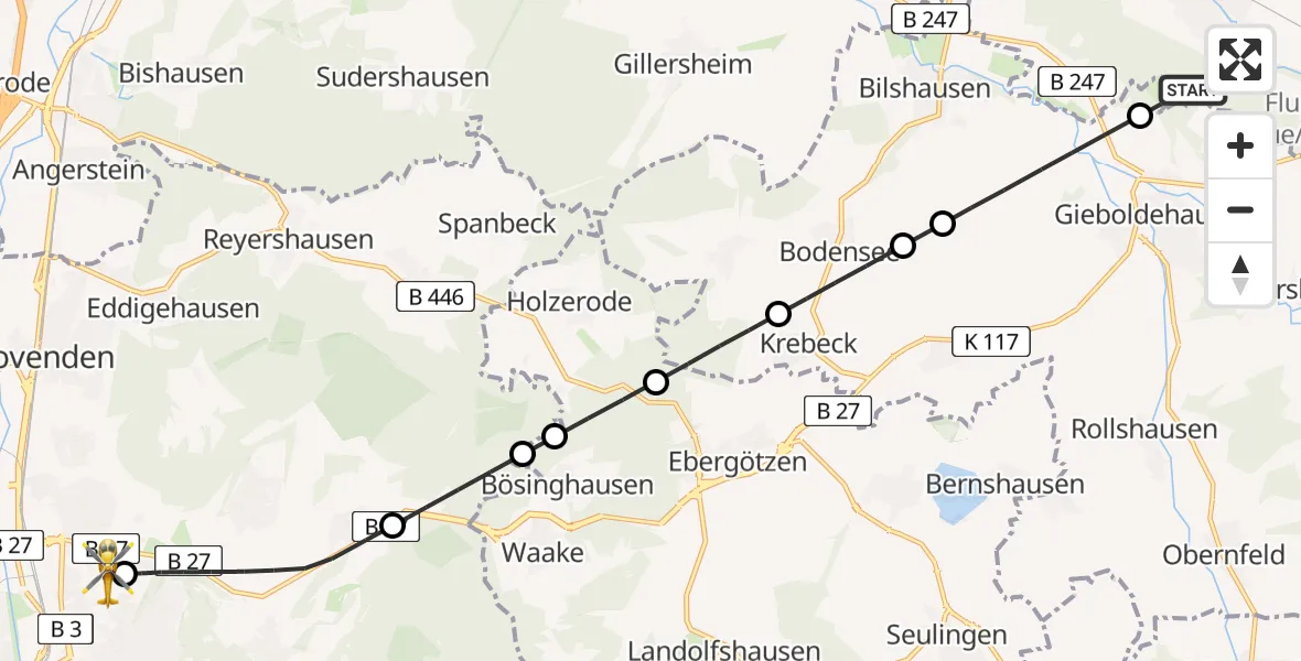 Routekaart van de vlucht: Rettungshubschrauber nach Göttingen University Clinic Hubschrauberlandeplatz