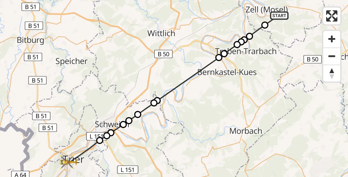 Routekaart van de vlucht: Rettungshubschrauber nach Trier, Krahnenstraße