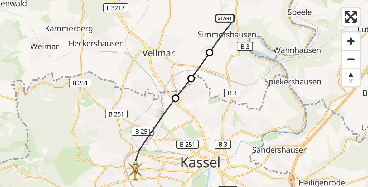 Flugroute Rettungshubschrauber Fuldatal - Kassel, 29 März 2026, 17:39