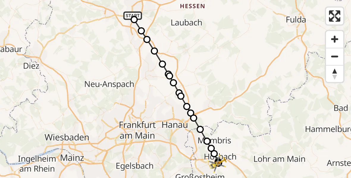 Flugroute Rettungshubschrauber Gießen - Aschaffenburg Hospital, 29 März 2026, 17:44