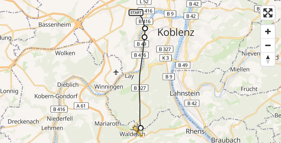 Flugroute Rettungshubschrauber Koblenz - Waldesch, 29 März 2026, 17:58