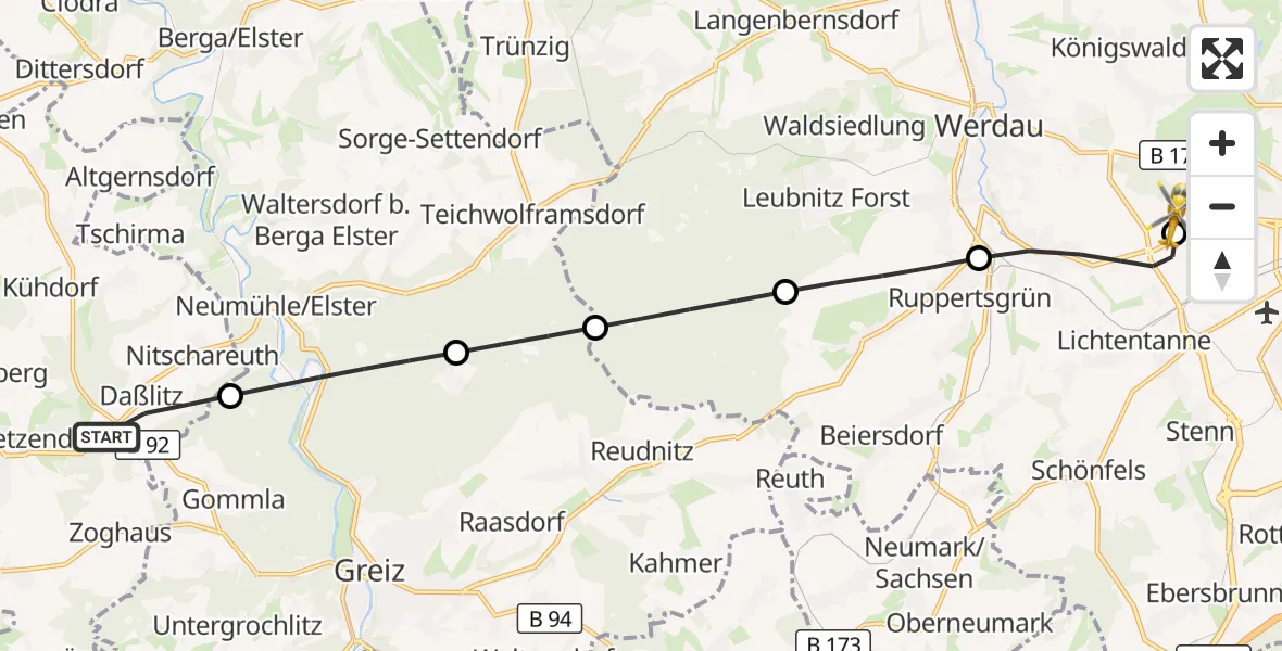 Flugroute Rettungshubschrauber Langenwetzendorf - ADAC Air Rescue Station Zwickau Hubschrauberlandeplatz, 29 März 2026, 18:01