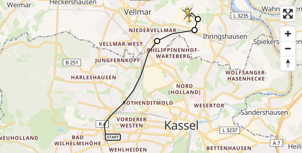 Flugroute Rettungshubschrauber Kassel - Fuldatal Bundespolizei Hubschrauberlandeplatz, 29 März 2026, 18:03