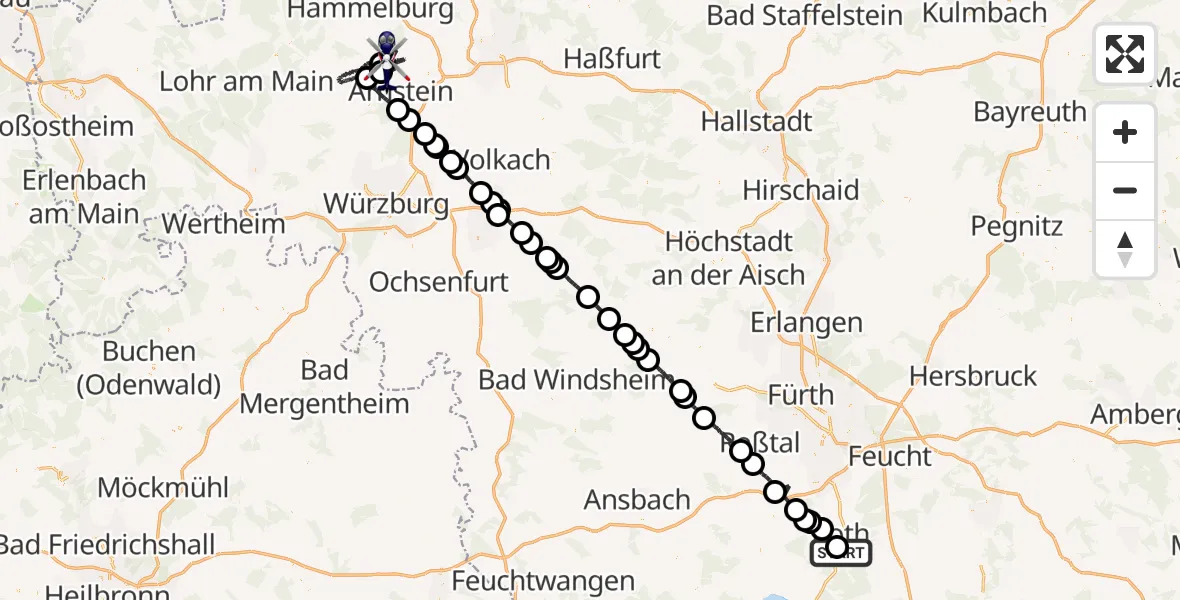 Flugroute Polizeihubschrauber Flugplatz Roth - Arnstein, 29 März 2026, 18:07