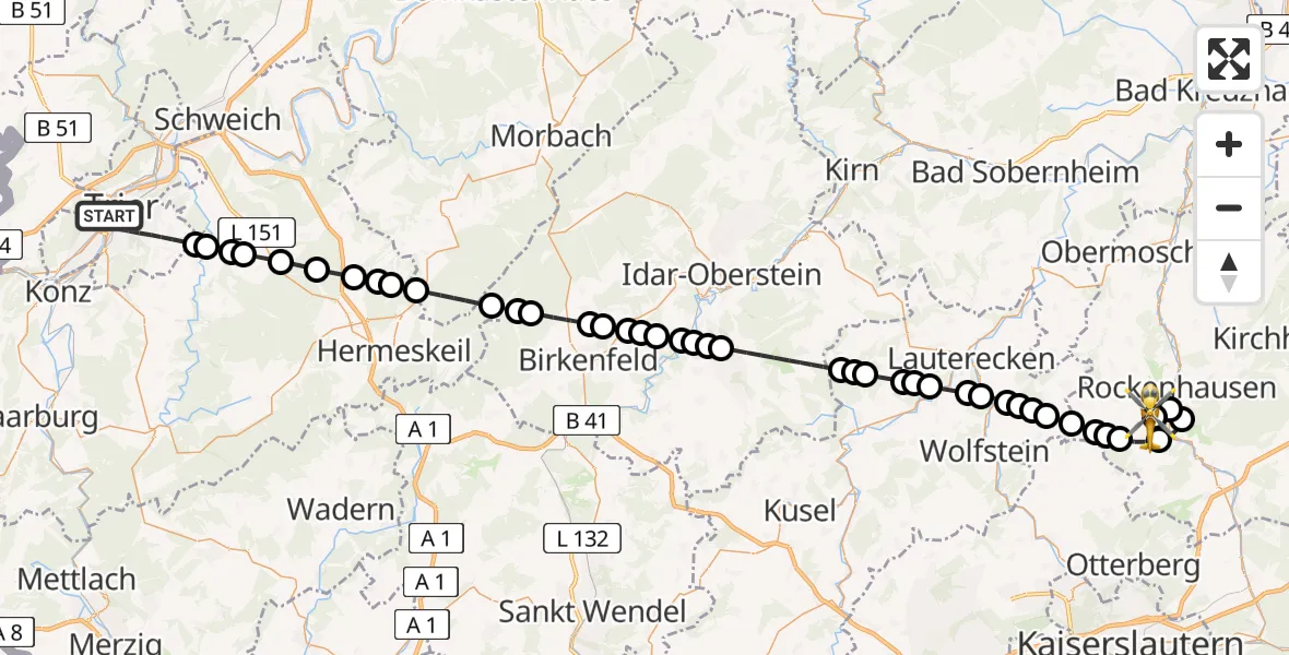 Flugroute Rettungshubschrauber Trier - Imsweiler UL, 29 März 2026, 18:13