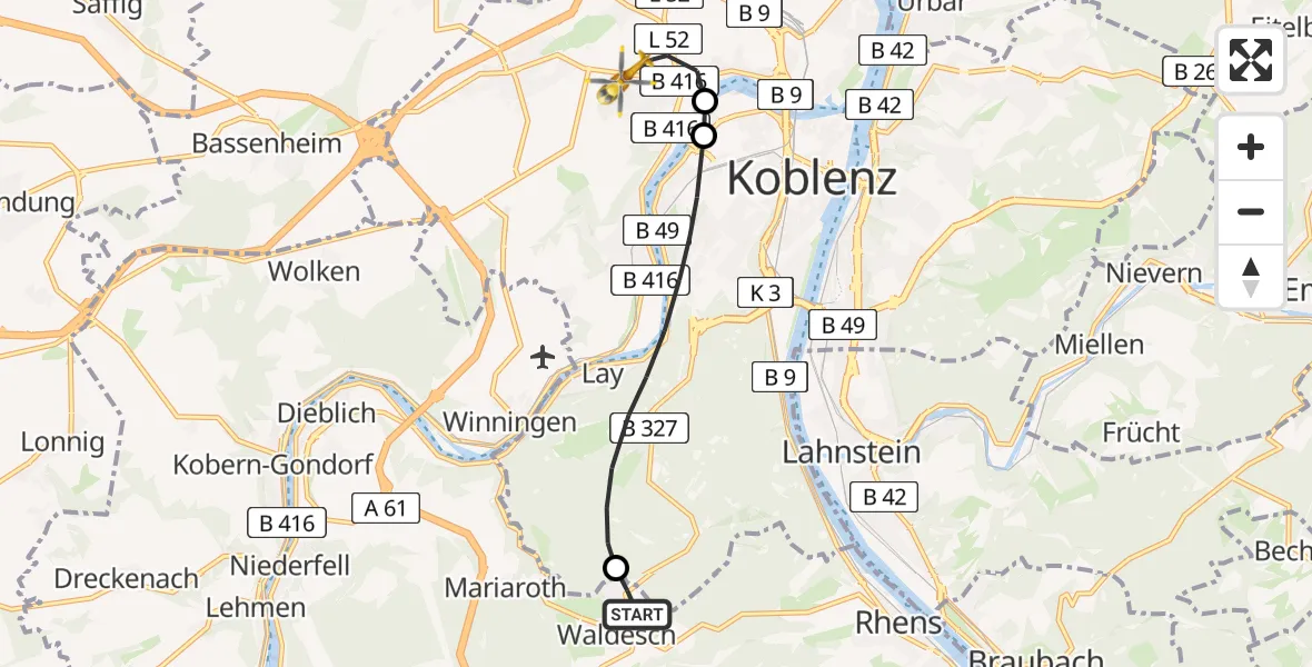 Routekaart van de vlucht: Rettungshubschrauber nach Koblenz, Rübenacher Straße