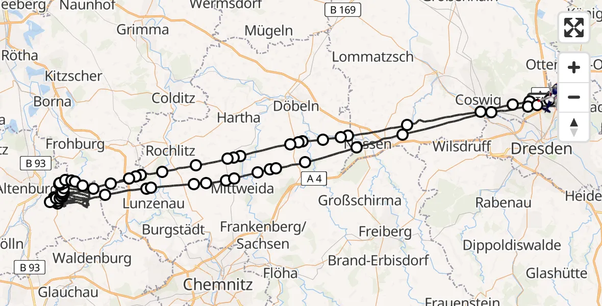 Flugroute Polizeihubschrauber Dresden - Dresden Flughafen, 29 März 2026, 19:00