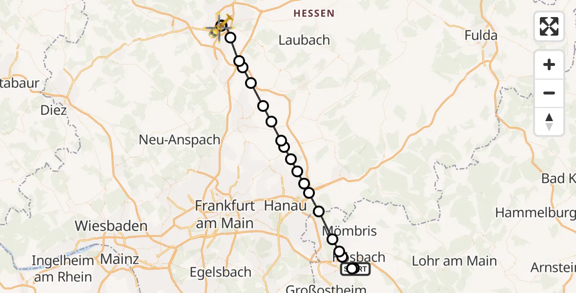 Flugroute Rettungshubschrauber Aschaffenburg Hospital - Gießen University Hospital, 29 März 2026, 19:03