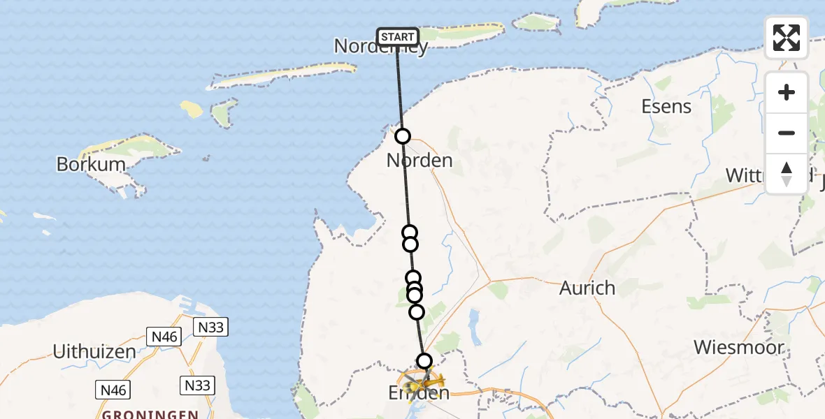 Flugroute Rettungshubschrauber Noordzee - Emden, 29 März 2026, 19:03