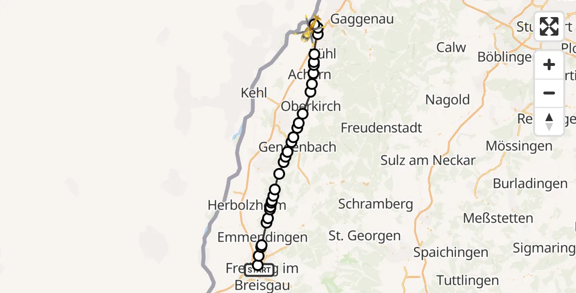 Flugroute Ambulanzhubschrauber Freiburg im Breisgau Flugplatz - Karlsruhe Baden-Baden Flughafen, 29 März 2026, 19:14