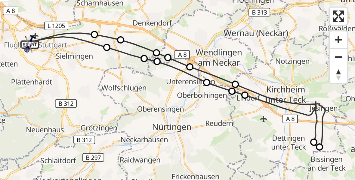 Flugroute Polizeihubschrauber Flughafen Stuttgart - Flughafen Stuttgart, 29 März 2026, 19:16