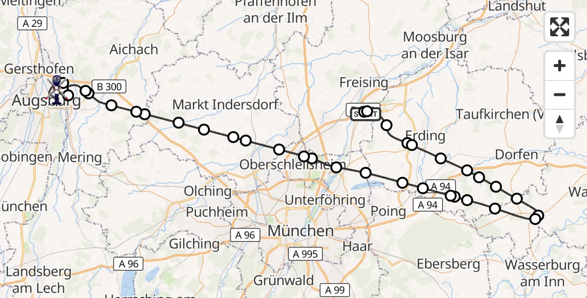 Flugroute Polizeihubschrauber München Flughafen - Augsburg, 29 März 2026, 19:42