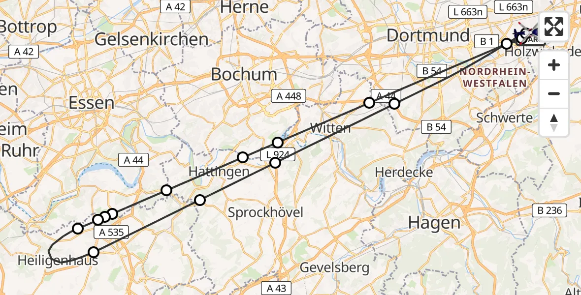 Flugroute Polizeihubschrauber Dortmund Flughafen - Dortmund Flughafen, 29 März 2026, 19:53