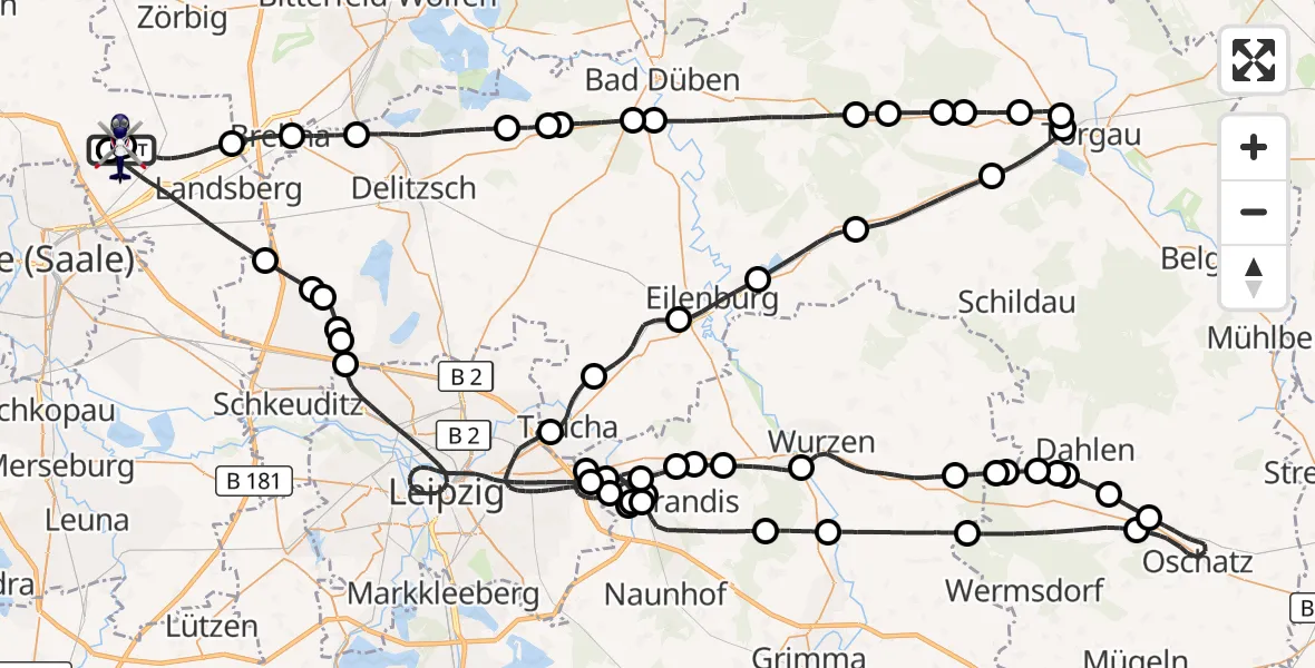 Flugroute Polizeihubschrauber Halle-Oppin Flugplatz - Halle-Oppin Flugplatz, 29 März 2026, 20:07