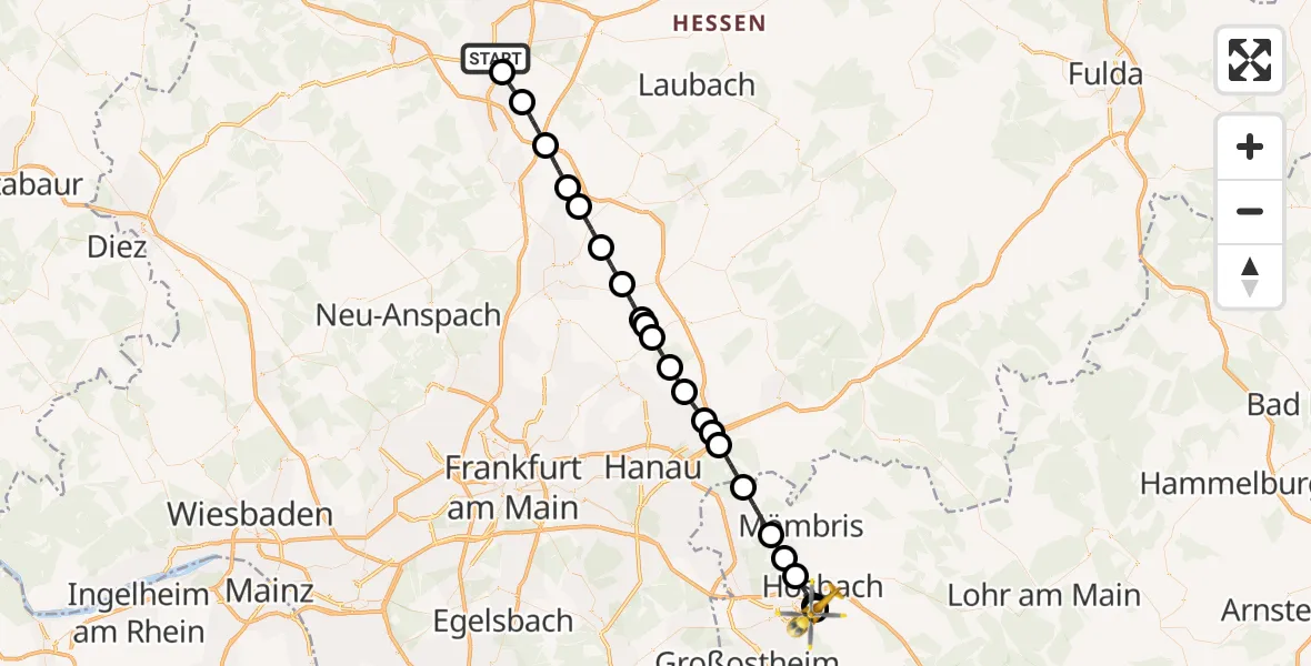 Flugroute Rettungshubschrauber Gießen - Aschaffenburg Hospital, 29 März 2026, 20:24