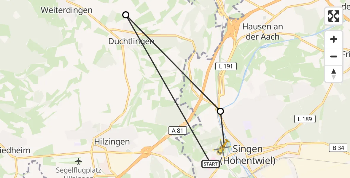 Flugroute Rettungshubschrauber Singen (Hohentwiel) - Singen (Hohentwiel), 29 März 2026, 20:42