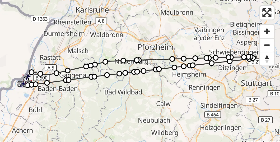 Flugroute Polizeihubschrauber Karlsruhe Baden-Baden Flughafen - Karlsruhe Baden-Baden Flughafen, 29 März 2026, 21:00