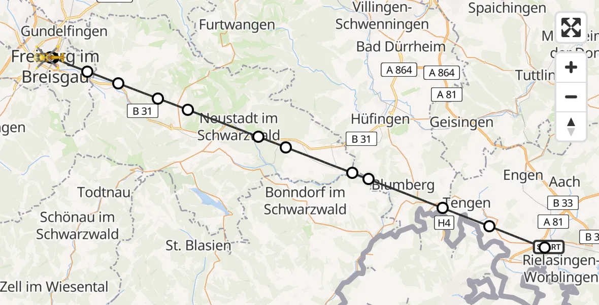 Flugroute Rettungshubschrauber Singen (Hohentwiel) - Freiburg University Hospital Heliport 1, 29 März 2026, 21:06