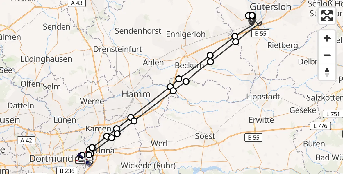 Flugroute Polizeihubschrauber Dortmund Flughafen - Dortmund Flughafen, 29 März 2026, 21:48