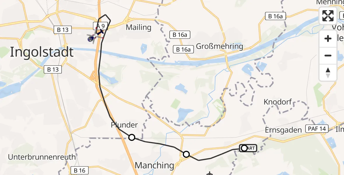Routekaart van de vlucht: Polizeihubschrauber nach Ingolstadt, Regensburger Straße