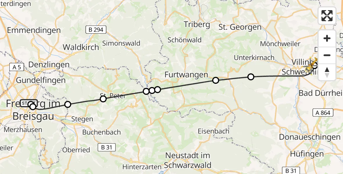 Routekaart van de vlucht: Rettungshubschrauber nach DRF Air Rescue Station Villingen-Schwenningen Hubschrauberlandeplatz (Christoph 11)