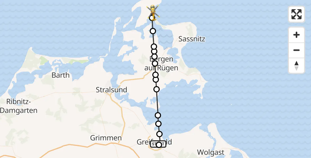 Flugroute Rettungshubschrauber Greifswald Hospital - Breege, 29 März 2026, 22:08