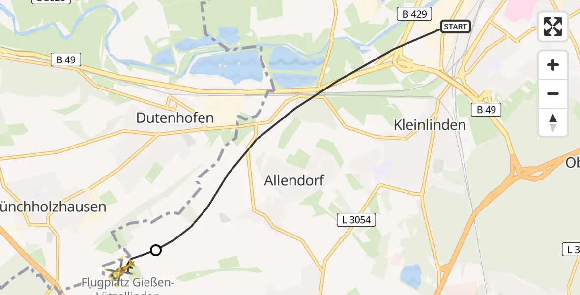Flugroute Rettungshubschrauber Gießen - Gießen-Lützellinden Flugplatz, 29 März 2026, 22:58