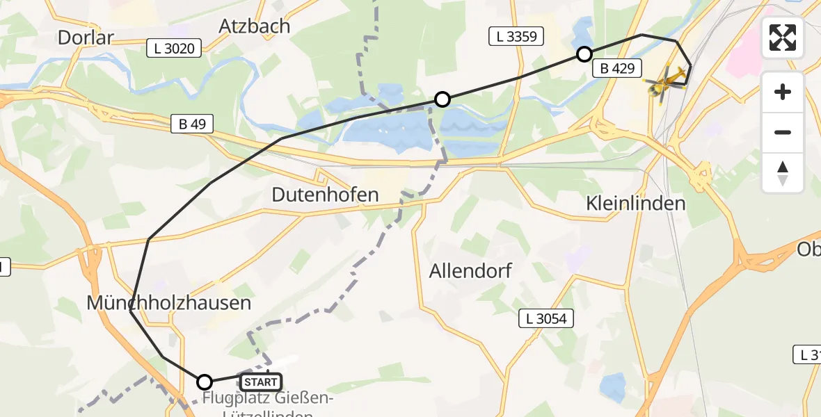 Routekaart van de vlucht: Rettungshubschrauber nach Gießen, Lahnstraße