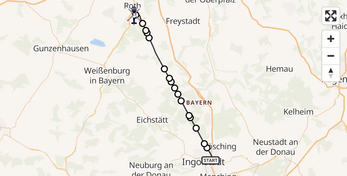 Routekaart van de vlucht: Polizeihubschrauber nach Flugplatz Roth