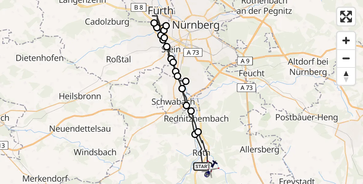 Flugroute Polizeihubschrauber Roth - Roth, 29 März 2026, 23:36