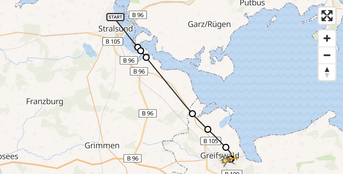 Flugroute Rettungshubschrauber Stralsund - Greifswald Hospital, 30 März 2026, 00:04