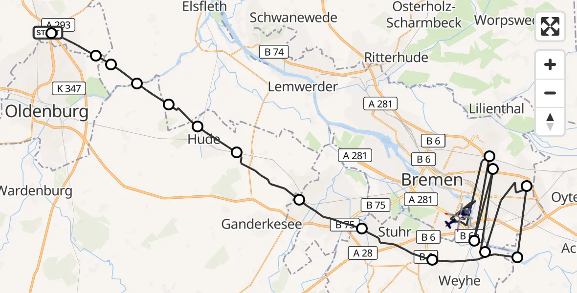 Flugroute Polizeihubschrauber Oldenburg Police Hubschrauberlandeplatz - Bremen, 30 März 2026, 02:33