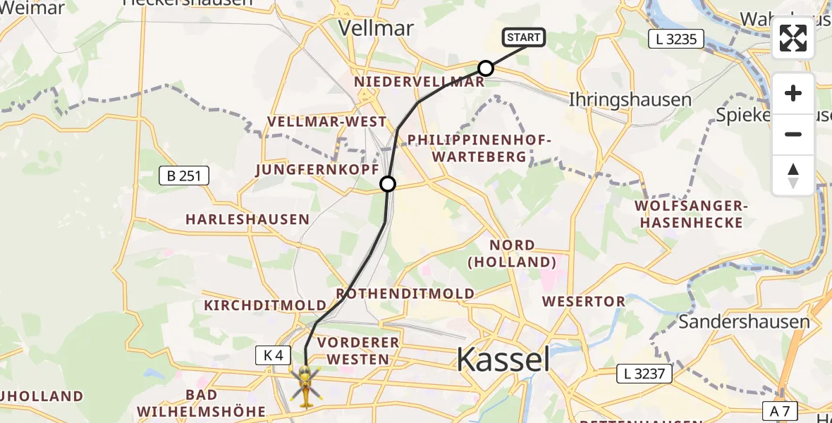 Routekaart van de vlucht: Rettungshubschrauber nach Kassel, Hansteinstraße