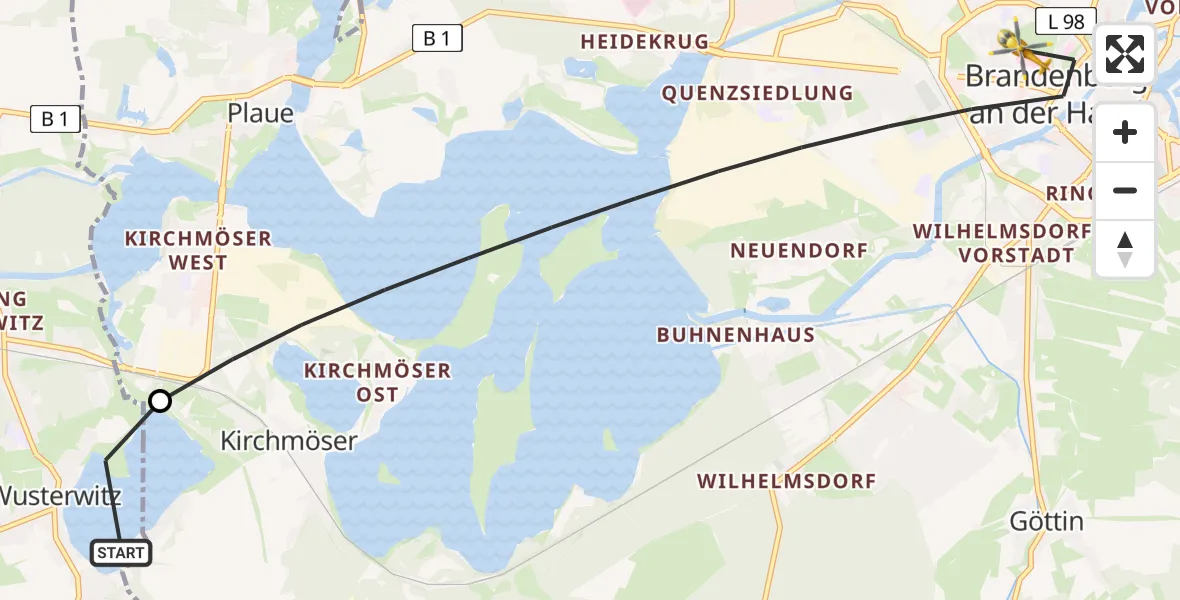 Flugroute Rettungshubschrauber Wusterwitz - Brandenburg an der Havel, 30 März 2026, 06:05