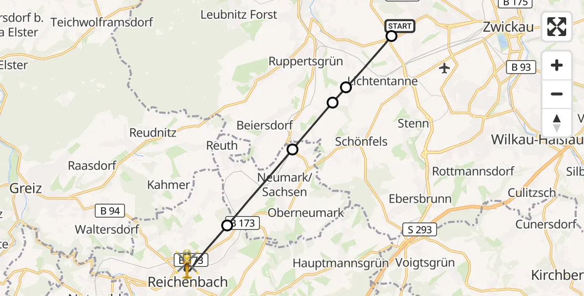 Flugroute Rettungshubschrauber ADAC Air Rescue Station Zwickau Hubschrauberlandeplatz - Reichenbach im Vogtland, 30 März 2026, 06:12